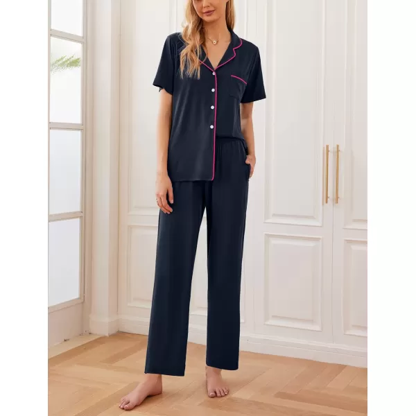 Ekouaer Women Pajamas Set Button Down Sleepwear Short Sleeve Nightwear with Long Pants Soft Pjs Set with Pockets SXXLDeepnavyblue