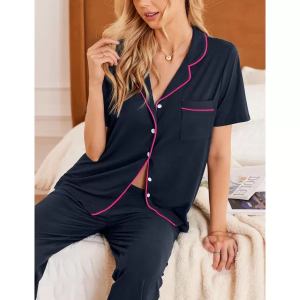 Ekouaer Women Pajamas Set Button Down Sleepwear Short Sleeve Nightwear with Long Pants Soft Pjs Set with Pockets SXXLDeepnavyblue