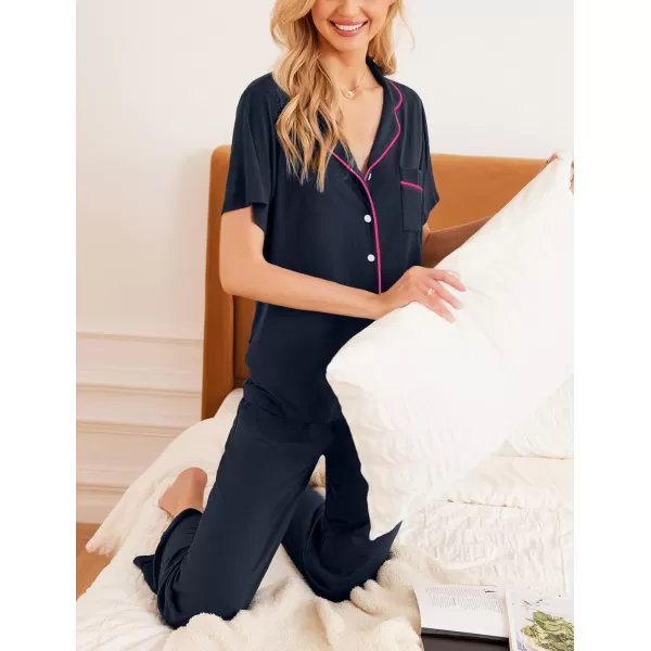 Ekouaer Women Pajamas Set Button Down Sleepwear Short Sleeve Nightwear with Long Pants Soft Pjs Set with Pockets SXXLDeepnavyblue