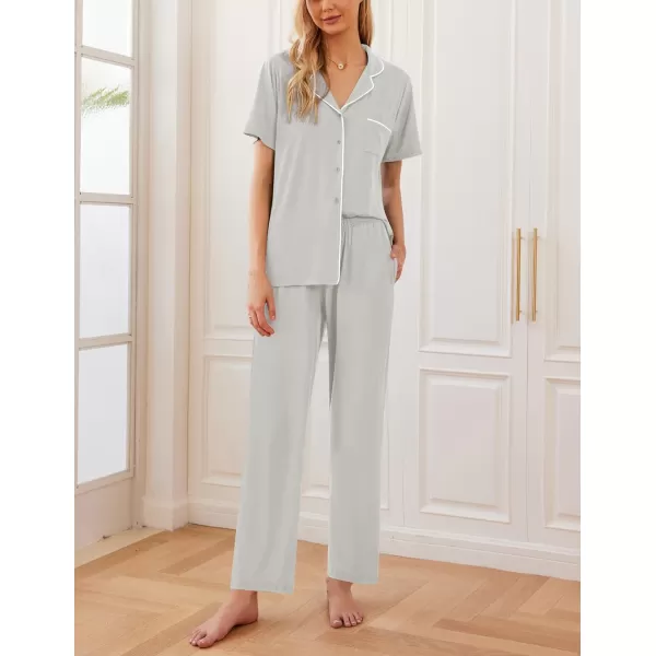 Ekouaer Women Pajamas Set Button Down Sleepwear Short Sleeve Nightwear with Long Pants Soft Pjs Set with Pockets SXXLLight Grey