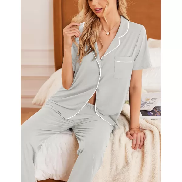 Ekouaer Women Pajamas Set Button Down Sleepwear Short Sleeve Nightwear with Long Pants Soft Pjs Set with Pockets SXXLLight Grey