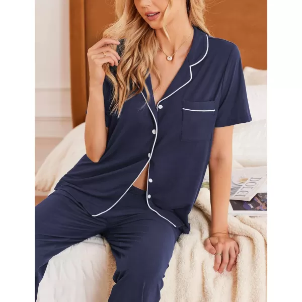 Ekouaer Women Pajamas Set Button Down Sleepwear Short Sleeve Nightwear with Long Pants Soft Pjs Set with Pockets SXXLNavyblue