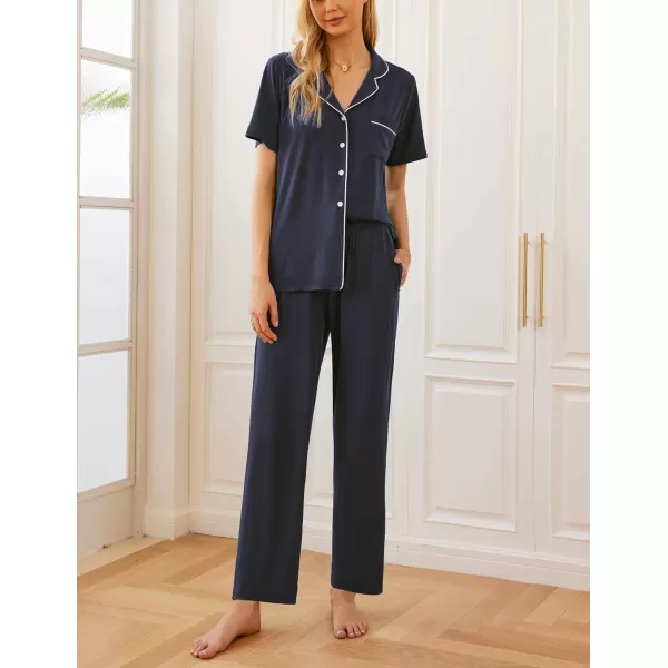 Ekouaer Women Pajamas Set Button Down Sleepwear Short Sleeve Nightwear with Long Pants Soft Pjs Set with Pockets SXXLNavyblue