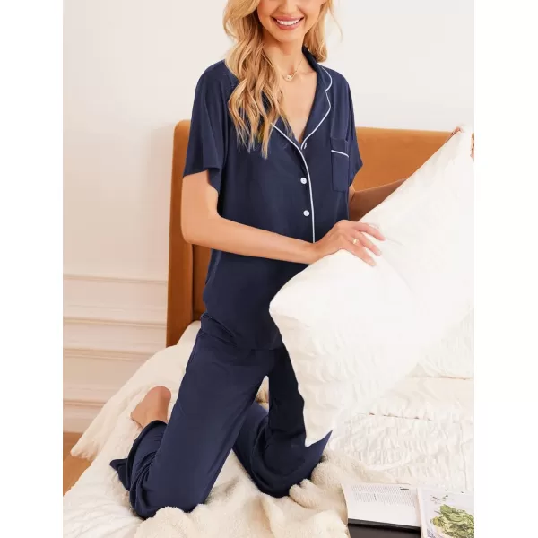 Ekouaer Women Pajamas Set Button Down Sleepwear Short Sleeve Nightwear with Long Pants Soft Pjs Set with Pockets SXXLNavyblue