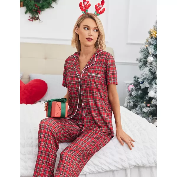 Ekouaer Women Pajamas Set Button Down Sleepwear Short Sleeve Nightwear with Long Pants Soft Pjs Set with Pockets SXXLPatred Plaid