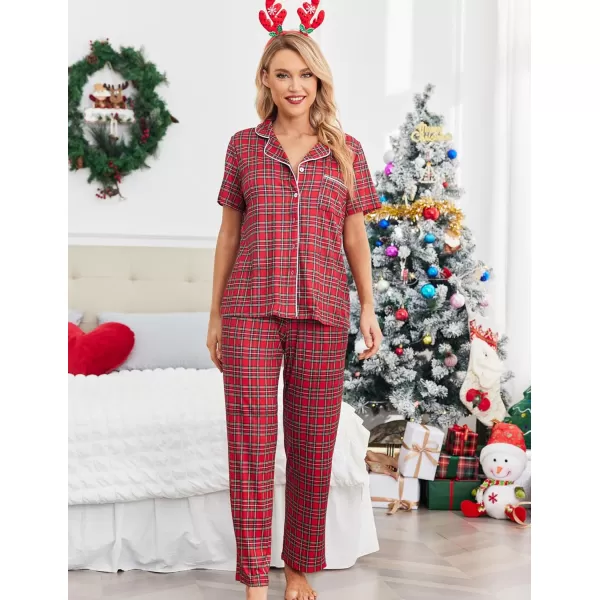 Ekouaer Women Pajamas Set Button Down Sleepwear Short Sleeve Nightwear with Long Pants Soft Pjs Set with Pockets SXXLPatred Plaid