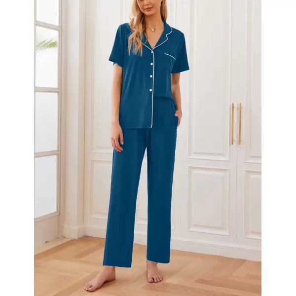 Ekouaer Women Pajamas Set Button Down Sleepwear Short Sleeve Nightwear with Long Pants Soft Pjs Set with Pockets SXXLPeacock Blue