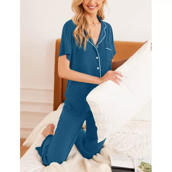 Ekouaer Women Pajamas Set Button Down Sleepwear Short Sleeve Nightwear with Long Pants Soft Pjs Set with Pockets SXXLPeacock Blue