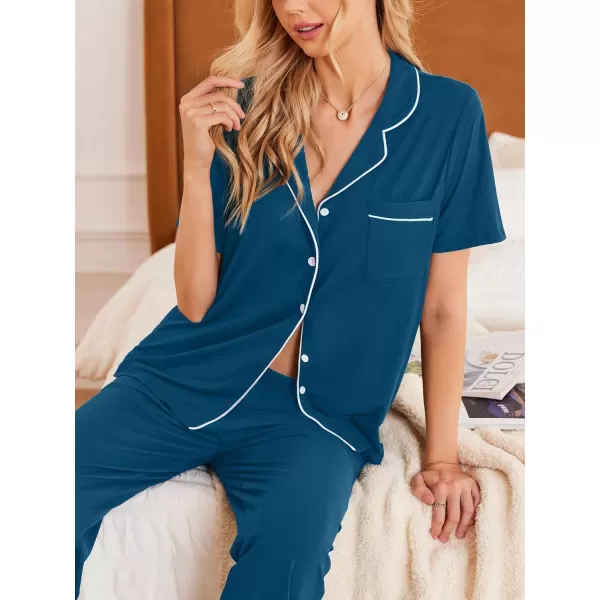 Ekouaer Women Pajamas Set Button Down Sleepwear Short Sleeve Nightwear with Long Pants Soft Pjs Set with Pockets SXXLPeacock Blue