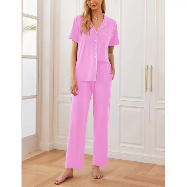 Ekouaer Women Pajamas Set Button Down Sleepwear Short Sleeve Nightwear with Long Pants Soft Pjs Set with Pockets SXXLPink