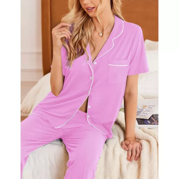 Ekouaer Women Pajamas Set Button Down Sleepwear Short Sleeve Nightwear with Long Pants Soft Pjs Set with Pockets SXXLPink