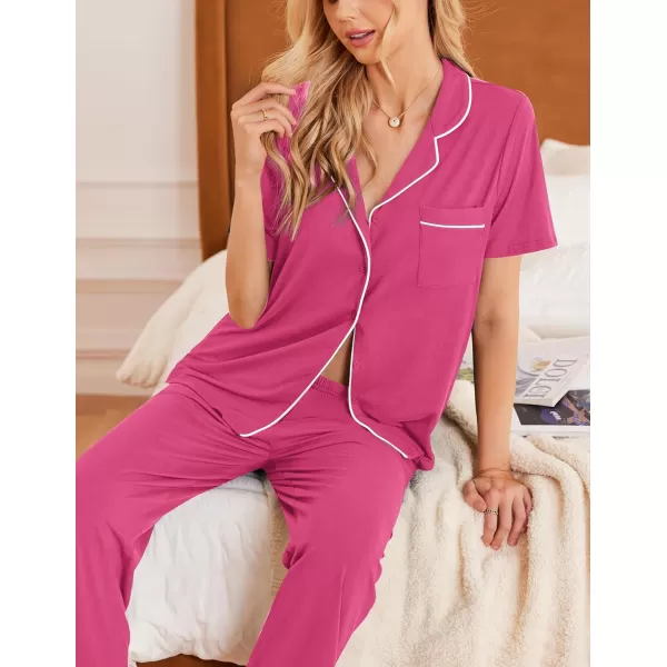 Ekouaer Women Pajamas Set Button Down Sleepwear Short Sleeve Nightwear with Long Pants Soft Pjs Set with Pockets SXXLRose Red