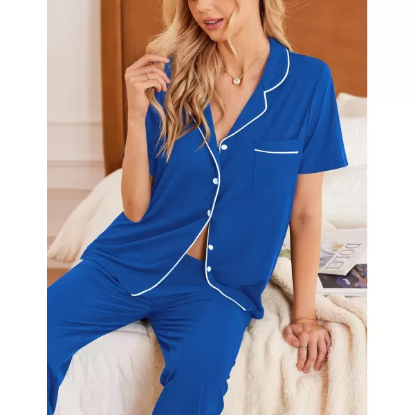 Ekouaer Women Pajamas Set Button Down Sleepwear Short Sleeve Nightwear with Long Pants Soft Pjs Set with Pockets SXXLRoyal Blue