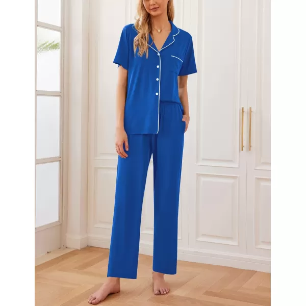 Ekouaer Women Pajamas Set Button Down Sleepwear Short Sleeve Nightwear with Long Pants Soft Pjs Set with Pockets SXXLRoyal Blue