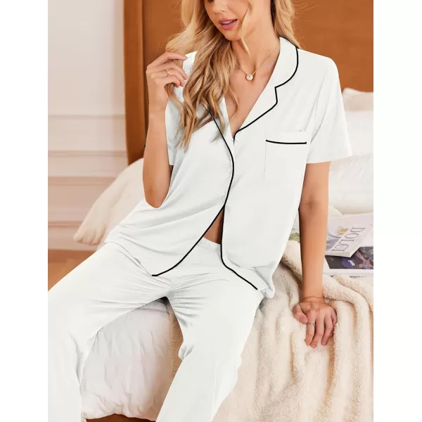 Ekouaer Women Pajamas Set Button Down Sleepwear Short Sleeve Nightwear with Long Pants Soft Pjs Set with Pockets SXXLWhite