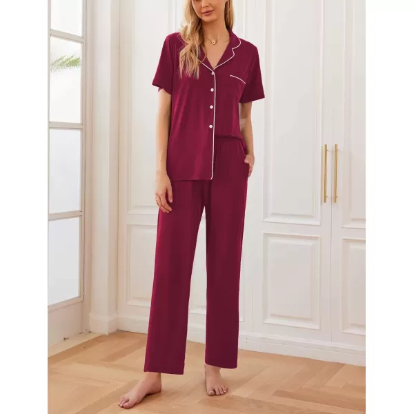 Ekouaer Women Pajamas Set Button Down Sleepwear Short Sleeve Nightwear with Long Pants Soft Pjs Set with Pockets SXXLWine Red