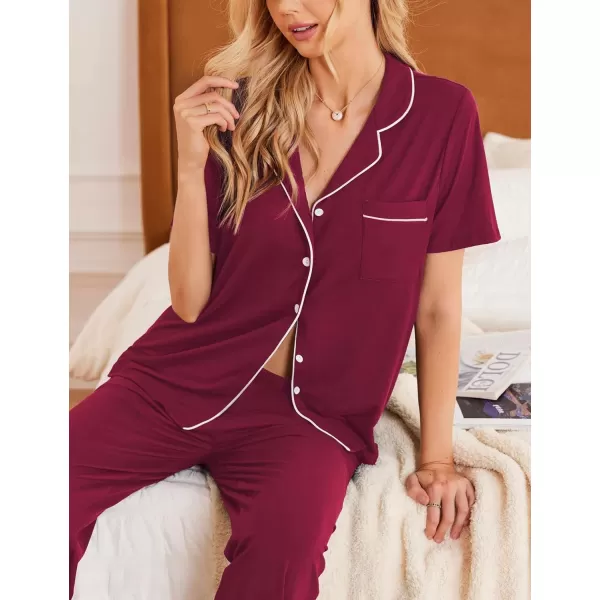 Ekouaer Women Pajamas Set Button Down Sleepwear Short Sleeve Nightwear with Long Pants Soft Pjs Set with Pockets SXXLWine Red