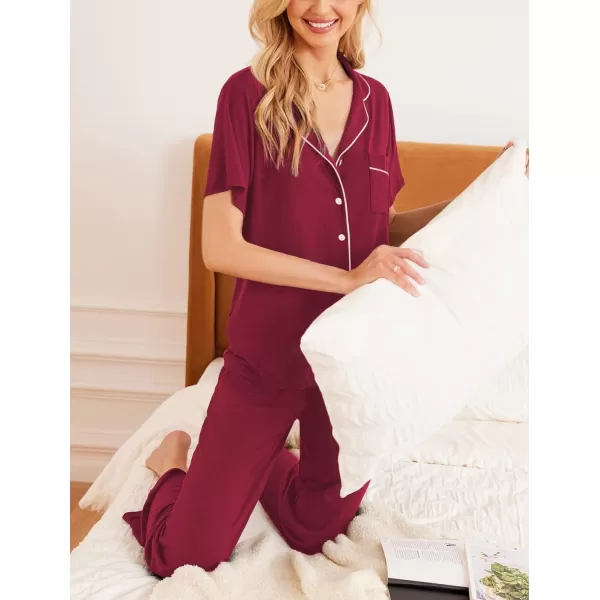 Ekouaer Women Pajamas Set Button Down Sleepwear Short Sleeve Nightwear with Long Pants Soft Pjs Set with Pockets SXXLWine Red