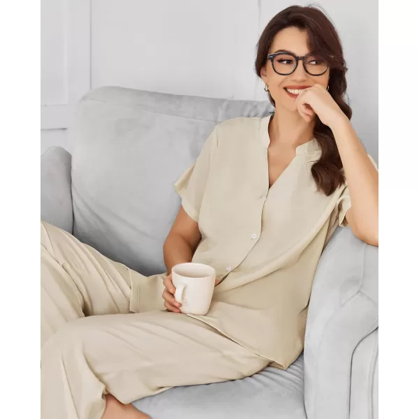 Ekouaer Women Pajamas Set Short Sleeve Button Down Floral Sleepwear Soft Pjs Loungewear Pants Set SXXLBeige