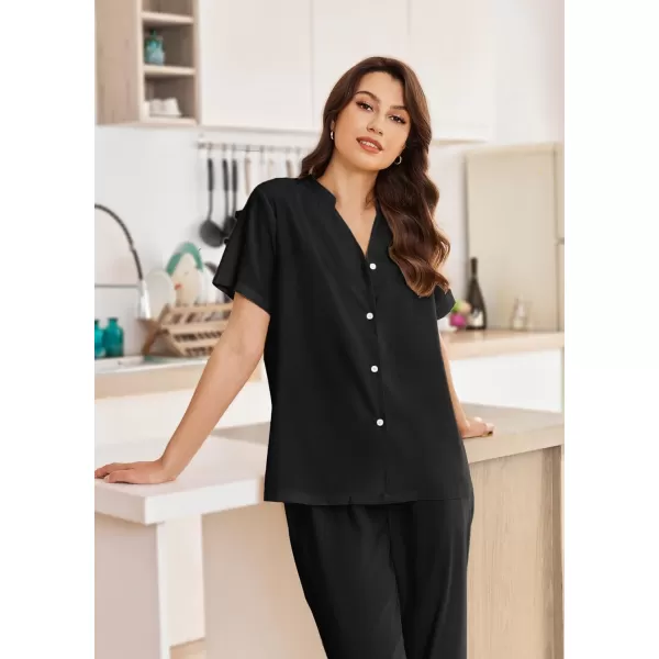 Ekouaer Women Pajamas Set Short Sleeve Button Down Floral Sleepwear Soft Pjs Loungewear Pants Set SXXLBlack