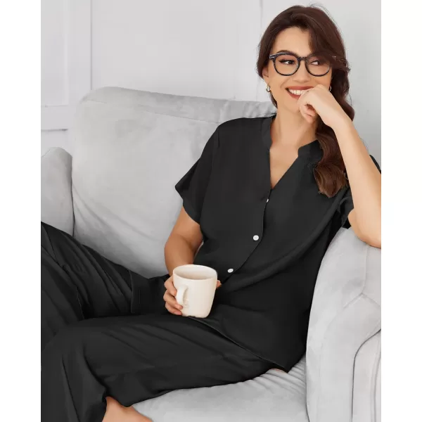 Ekouaer Women Pajamas Set Short Sleeve Button Down Floral Sleepwear Soft Pjs Loungewear Pants Set SXXLBlack