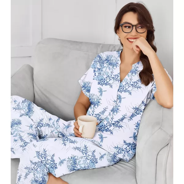 Ekouaer Women Pajamas Set Short Sleeve Button Down Floral Sleepwear Soft Pjs Loungewear Pants Set SXXLPattern 1