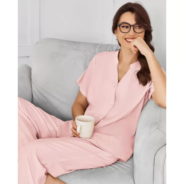 Ekouaer Women Pajamas Set Short Sleeve Button Down Floral Sleepwear Soft Pjs Loungewear Pants Set SXXLPink