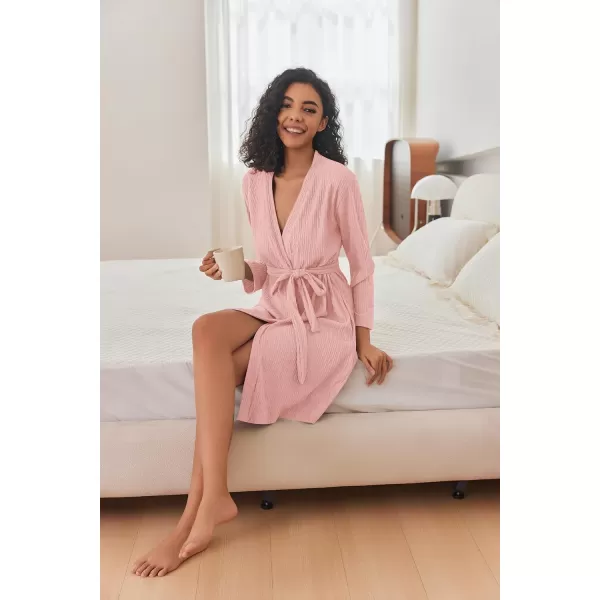 Ekouaer Women Robe Long Sleeve Knit Robes Lightweight Kimono Bathrobe Soft Loungewear with PocketsPink