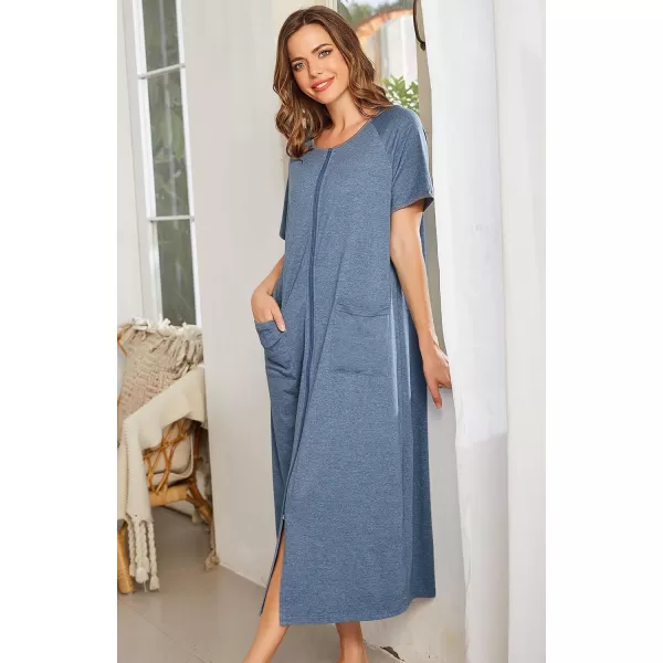 Ekouaer Women Robes Zipper Front Short Sleeve Full Length Housecoat with Pockets Loungewear S4XLAblue