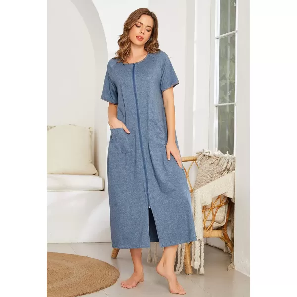 Ekouaer Women Robes Zipper Front Short Sleeve Full Length Housecoat with Pockets Loungewear S4XLAblue