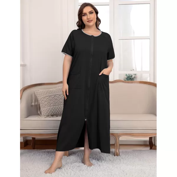 Ekouaer Women Robes Zipper Front Short Sleeve Full Length Housecoat with Pockets Loungewear S4XLBlack