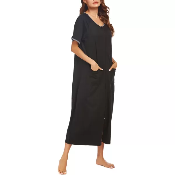 Ekouaer Women Robes Zipper Front Short Sleeve Full Length Housecoat with Pockets Loungewear S4XLBlack