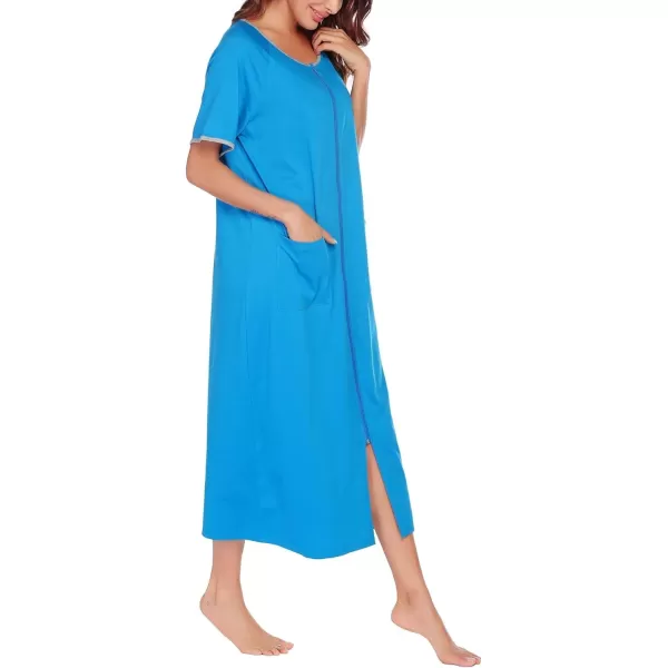 Ekouaer Women Robes Zipper Front Short Sleeve Full Length Housecoat with Pockets Loungewear S4XLBlue Green