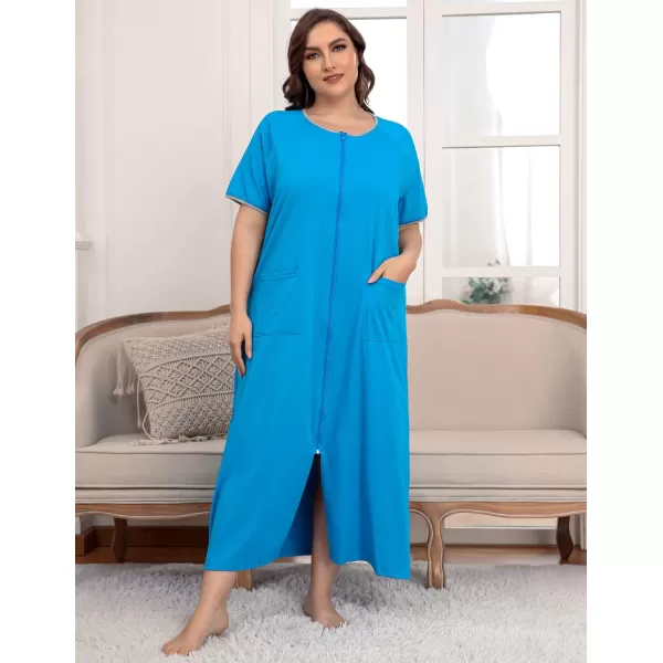 Ekouaer Women Robes Zipper Front Short Sleeve Full Length Housecoat with Pockets Loungewear S4XLBlue Green