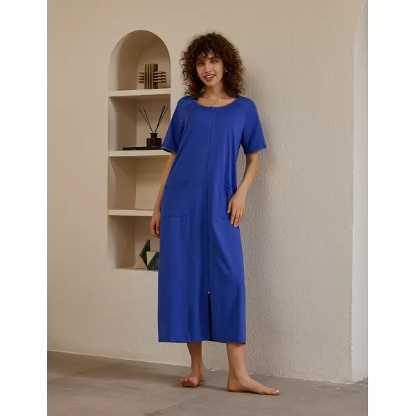 Ekouaer Women Robes Zipper Front Short Sleeve Full Length Housecoat with Pockets Loungewear S4XLBlue Sapphire