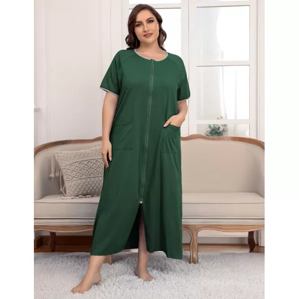 Ekouaer Women Robes Zipper Front Short Sleeve Full Length Housecoat with Pockets Loungewear S4XLDark Green