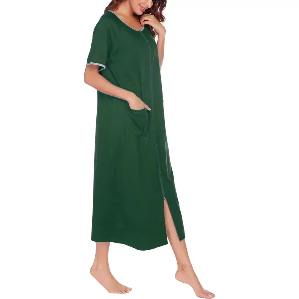 Ekouaer Women Robes Zipper Front Short Sleeve Full Length Housecoat with Pockets Loungewear S4XLDark Green