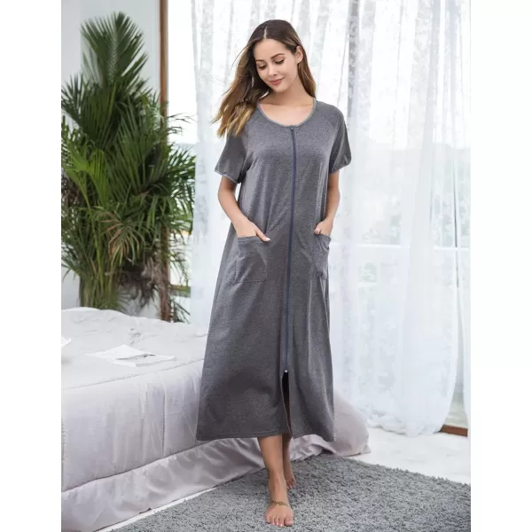 Ekouaer Women Robes Zipper Front Short Sleeve Full Length Housecoat with Pockets Loungewear S4XLGrey