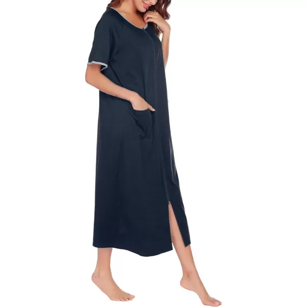 Ekouaer Women Robes Zipper Front Short Sleeve Full Length Housecoat with Pockets Loungewear S4XLNavy Blue