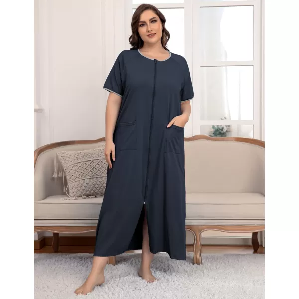 Ekouaer Women Robes Zipper Front Short Sleeve Full Length Housecoat with Pockets Loungewear S4XLNavy Blue