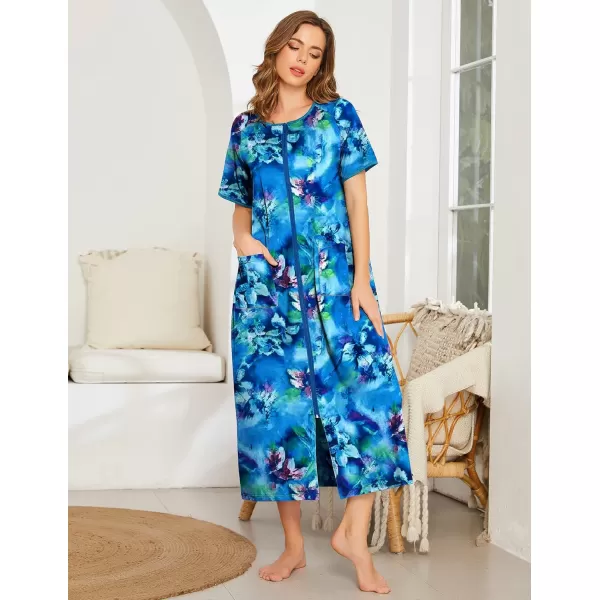 Ekouaer Women Robes Zipper Front Short Sleeve Full Length Housecoat with Pockets Loungewear S4XLPat10flower Blue