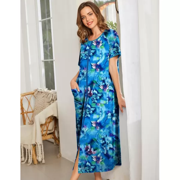 Ekouaer Women Robes Zipper Front Short Sleeve Full Length Housecoat with Pockets Loungewear S4XLPat10flower Blue