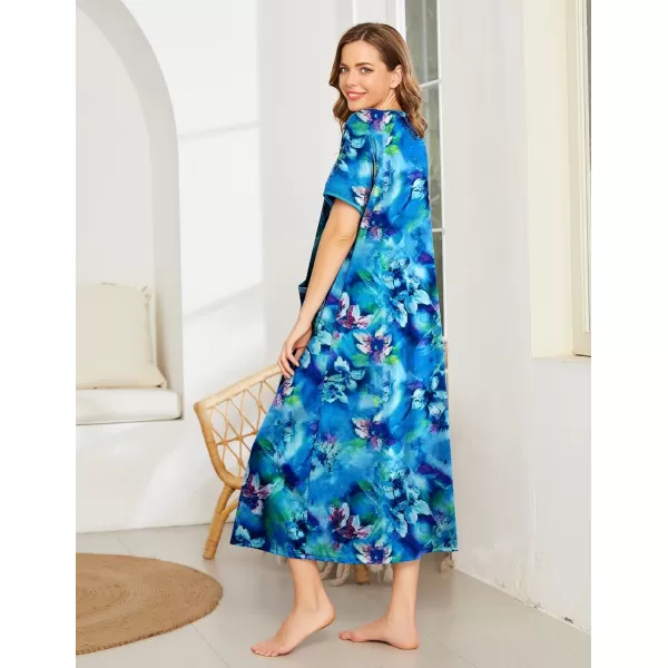 Ekouaer Women Robes Zipper Front Short Sleeve Full Length Housecoat with Pockets Loungewear S4XLPat10flower Blue