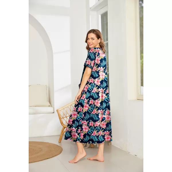 Ekouaer Women Robes Zipper Front Short Sleeve Full Length Housecoat with Pockets Loungewear S4XLPat5flower Navy Blue