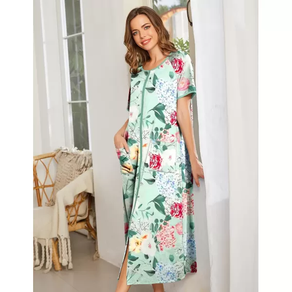 Ekouaer Women Robes Zipper Front Short Sleeve Full Length Housecoat with Pockets Loungewear S4XLPat9flower Green