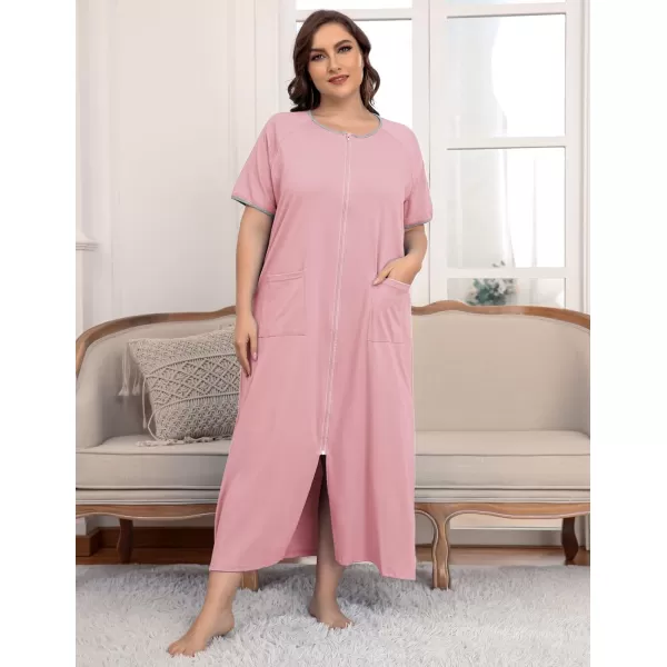 Ekouaer Women Robes Zipper Front Short Sleeve Full Length Housecoat with Pockets Loungewear S4XLPink