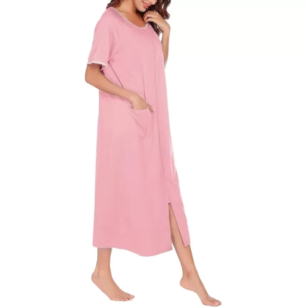 Ekouaer Women Robes Zipper Front Short Sleeve Full Length Housecoat with Pockets Loungewear S4XLPink
