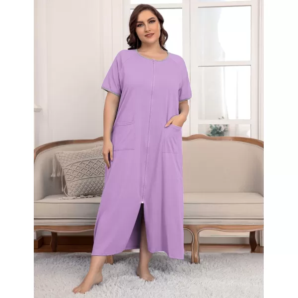 Ekouaer Women Robes Zipper Front Short Sleeve Full Length Housecoat with Pockets Loungewear S4XLPurple