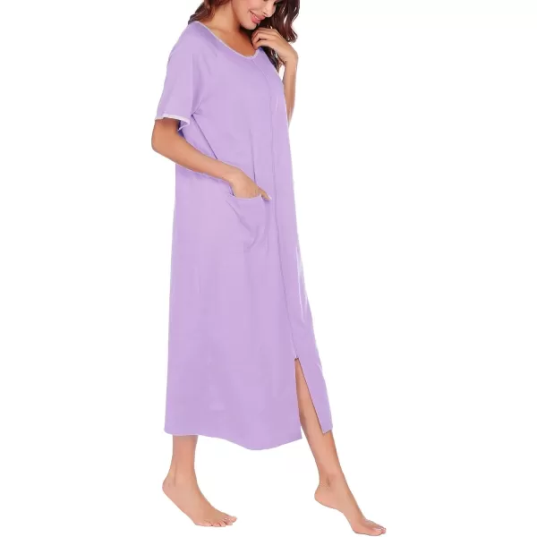 Ekouaer Women Robes Zipper Front Short Sleeve Full Length Housecoat with Pockets Loungewear S4XLPurple