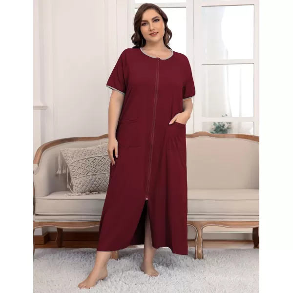 Ekouaer Women Robes Zipper Front Short Sleeve Full Length Housecoat with Pockets Loungewear S4XLWine Red